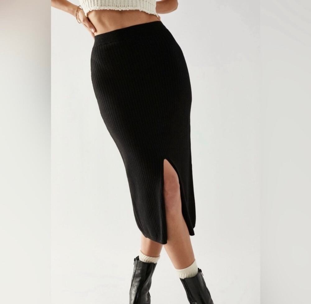 Free People Skyline Knit Ribbed Midi Skirt Black XS